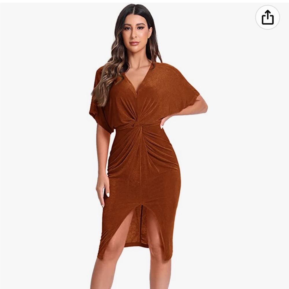 NWT never worn size L Stretchy brown midi dress with front slit and front twist - Picture 5 of 8